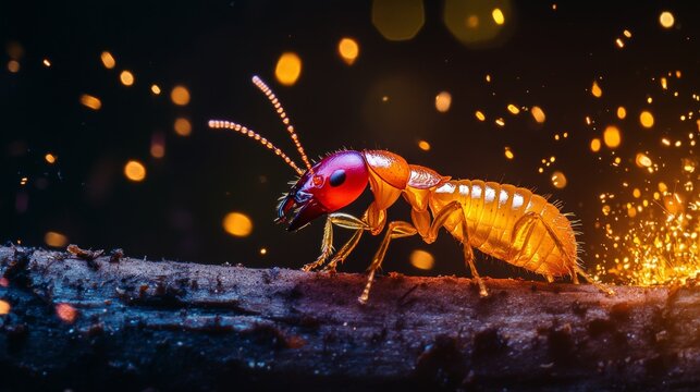 Colorful neon light effect on a termite chewing on wood against a dark background, with flying sparks and glow effects. This is a commercial insect photography image.