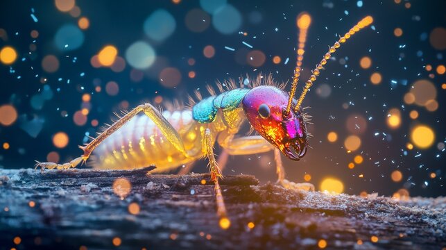 Colorful neon light effect on a termite chewing on wood against a dark background, with flying sparks and glow effects. This is a commercial insect photography image.