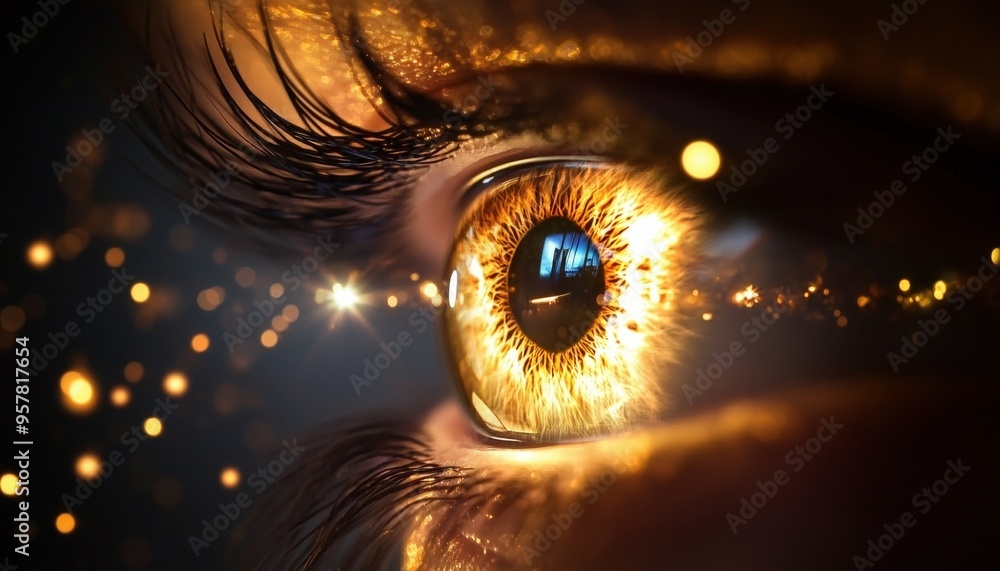 Poster a close-up of a captivating eye with golden hues and sparkling effects, symbolizing vision and perce