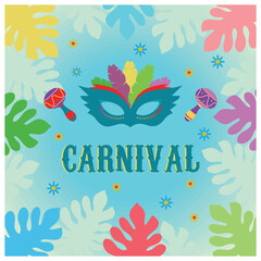 Naklejka premium Mardi Gras carnival with colorful leaf decorations. Mask and maracas on a blue background. Carnival party concept. Flat vector illustration.