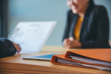 Job HR applicants having an interview with Human resource manager jobs interviewing with confident candidate at business firm office give cv resume. Job Interview with headhunter agent and applicant