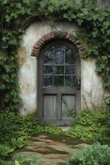 A charming wooden door surrounded by lush greenery and ivy, creating a serene and inviting atmosphere in nature.