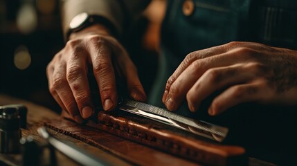 Skilled Barber Sharpening Straight Razor on Leather Strop with Tension and Texture