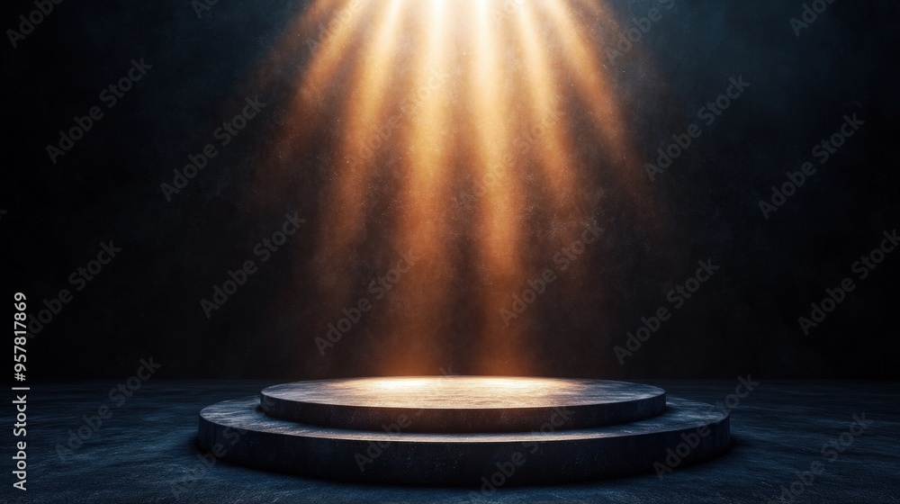 Poster a dramatic spotlight illuminates a circular platform, creating an atmospheric and mystical setting f