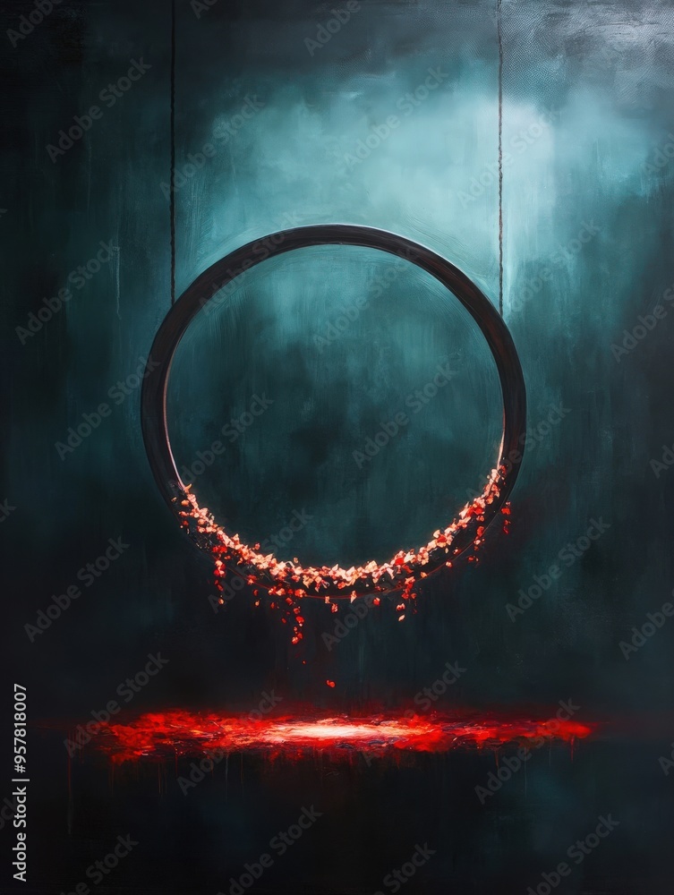 Poster a mesmerizing abstract artwork featuring a floating ring surrounded by vibrant particles and an ethe