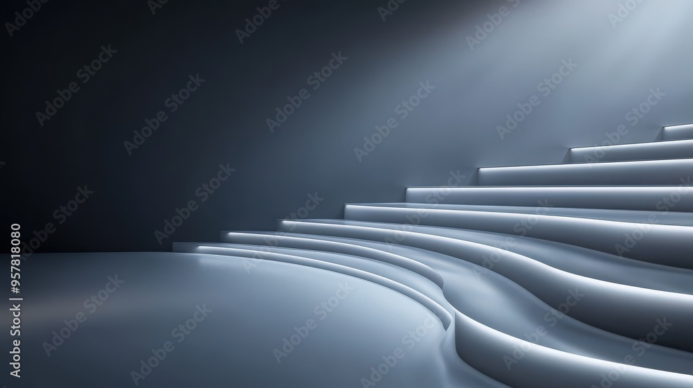 Poster a modern, illuminated staircase with soft curves, creating a serene atmosphere in a minimalist setti