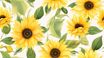 Elegant seamless pattern featuring hand-painted watercolor sunflowers with vibrant yellow petals and lush green leaves, set against a soft, vintage-inspired background