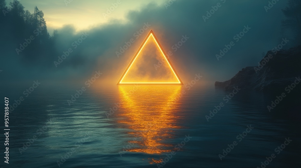Poster 3d render of an abstract minimal blue-green background with neon triangular geometric shapes. triang