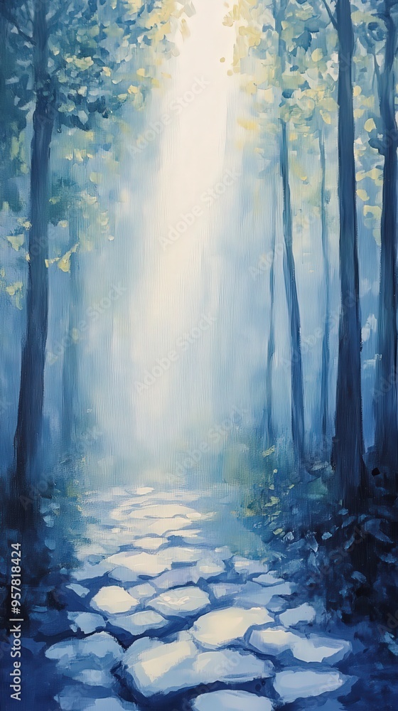 Poster a serene forest pathway illuminated by soft sunlight, surrounded by tall trees and delicate mist, cr