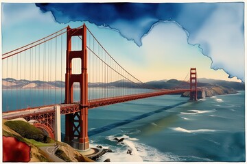 Obraz premium Surreal Watercolor Art of Golden Gate Bridge in San Francisco California