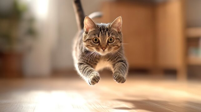 Adorable cat playing with a laser pointer, jumping and chasing, eyes wide with excitement, indoor setting