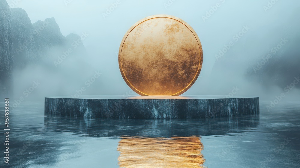 Aufkleber 3d render of an abstract minimal geometric background with a golden rounded frame, hemisphere platfo