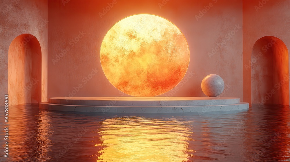 Poster 3d render of an abstract minimal geometric background with a golden rounded frame, hemisphere platfo
