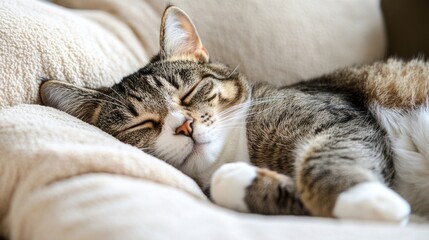 Adorable cat resting on a plush pillow, eyes half-closed, soft fur and relaxed body, warm and cozy environment