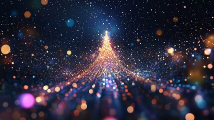 Abstract image of a Christmas tree in the form of a starry sky or space, consisting of points, lines, and shapes in the form of planets, stars and the universe. Vector happy new year nature concept