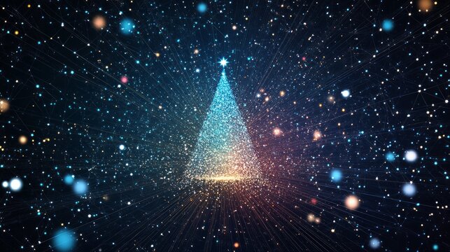 Abstract image of a Christmas tree in the form of a starry sky or space, consisting of points, lines, and shapes in the form of planets, stars and the universe. Vector happy new year nature concept