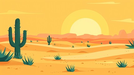 07240954 154. Flat design vector of a desert landscape, featuring vast sandy dunes, resilient cacti, and sparse grass under the intense glare of a bright, scorching sun, conveying the harshness of
