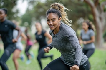 A female fitness trainer organizing a boot camp session. She’s guiding participants through various outdoor exercises and drills