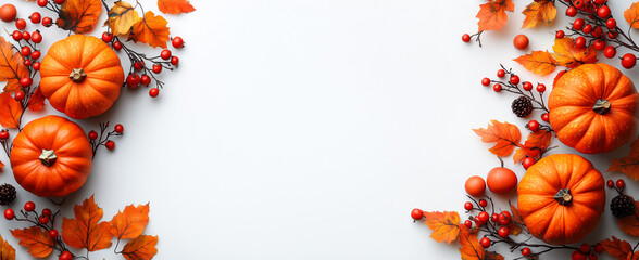 Autumn fall flatlay with pumpkins on white background to use for holidays and seasonal celebrations like Thanksgiving