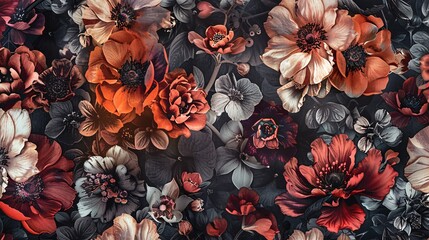 Fototapeta premium 07240954 159. AI generative fabric print with a sophisticated floral design, highlighting a variety of flowers with intricate detailing and a palette of rich, vibrant colors, seamlessly woven into a