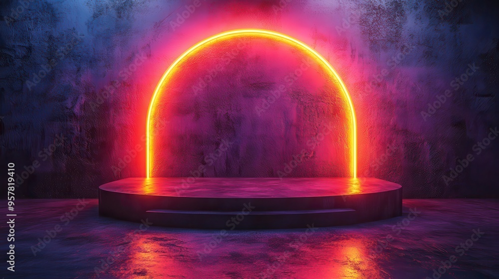 Poster 3d render of a modern minimal neon background with a shiny frame and glowing rounded arch over a cyl