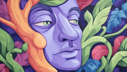 A vibrant mural depicting a surreal face intertwined with colorful foliage, blending nature and art in harmony.