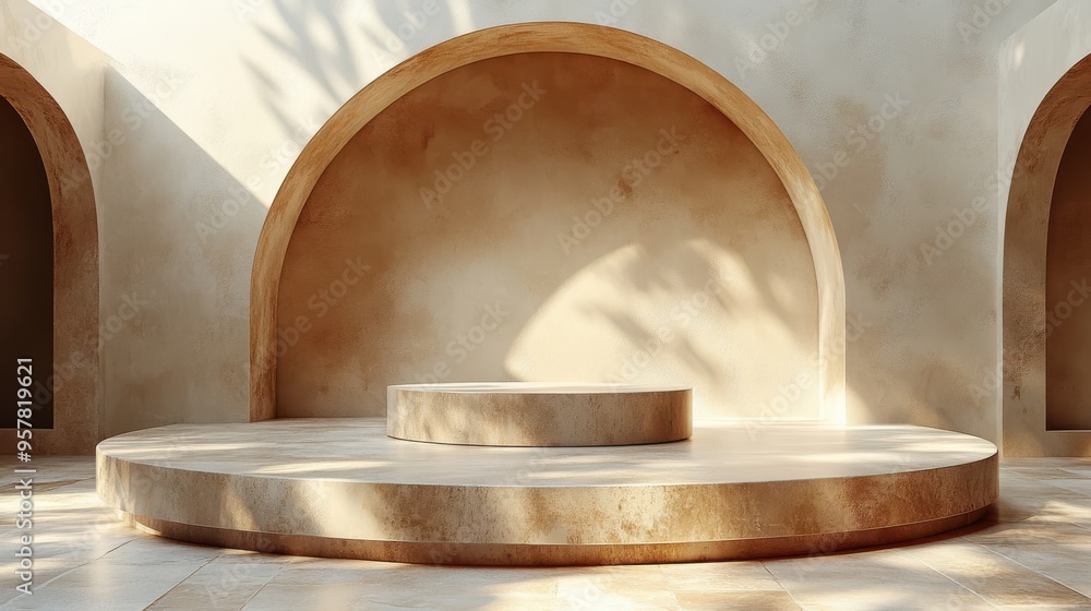 Poster 3d render of an abstract beige background with sunlight rays, featuring a modern minimal showcase sc