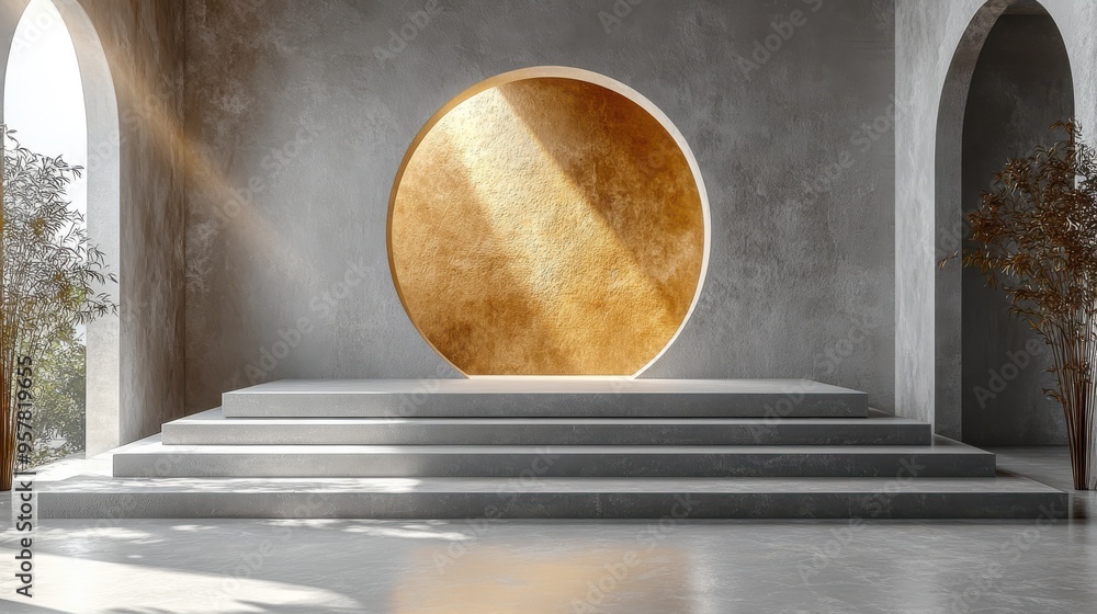 Poster 3d render of an abstract beige background with sunlight rays, featuring a modern minimal showcase sc