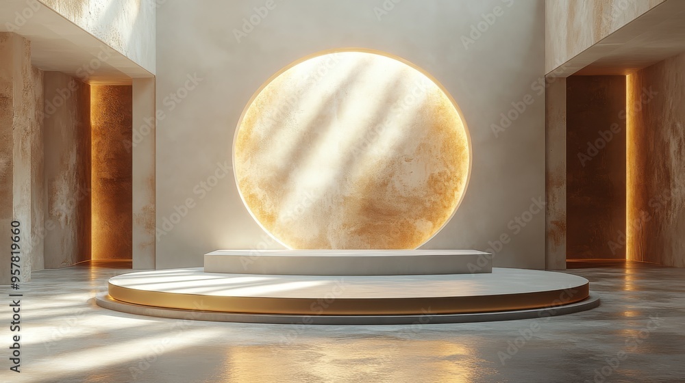 Poster 3d render of an abstract beige background with sunlight rays, featuring a modern minimal showcase sc