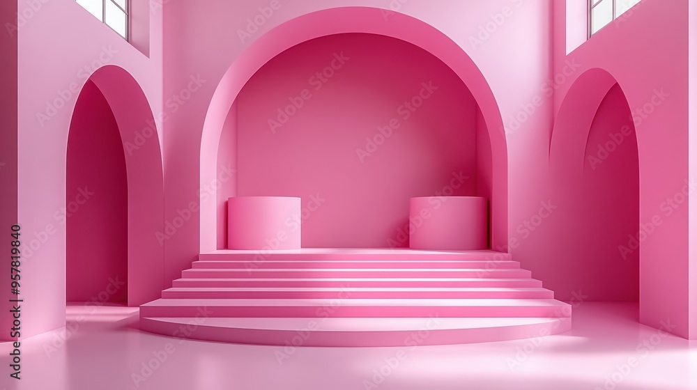 Poster 3d render of a monochrome pink background featuring a modern minimal scene with two empty podiums fo