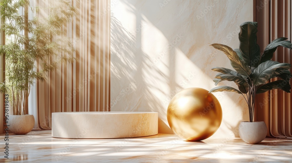 Poster 3d render of an abstract monochrome beige background with sunlight rays, featuring a modern minimal 