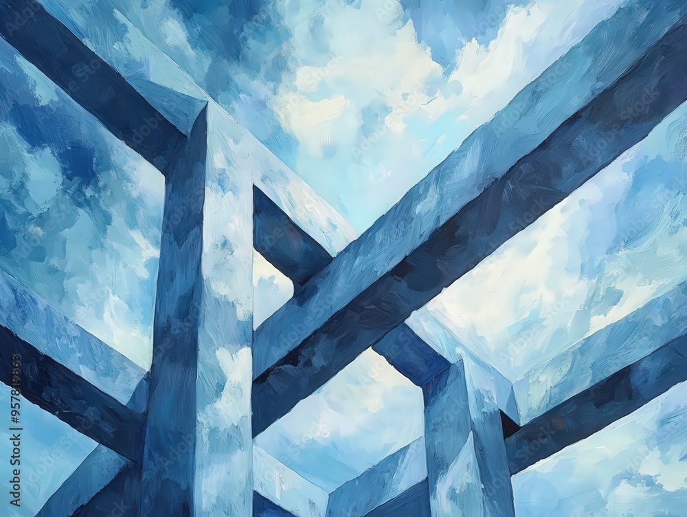 Poster an abstract artwork featuring geometric shapes against a blue sky, creating a sense of depth and per