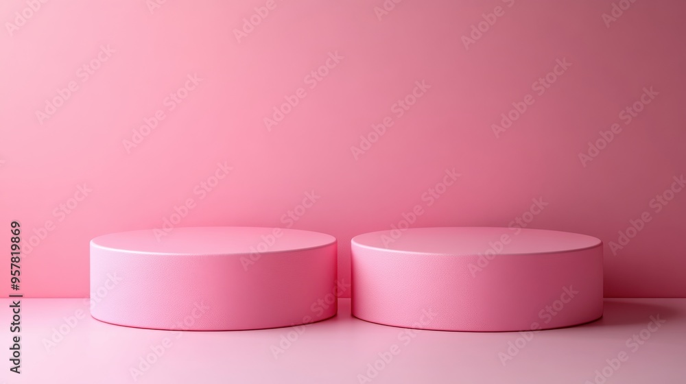 Aufkleber 3d render of a monochrome pink background featuring a modern minimal scene with two empty podiums fo