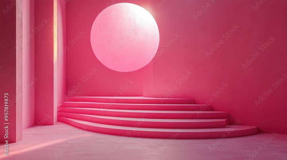 Poster 3d render of a monochrome pink background featuring a modern minimal scene with two empty podiums fo