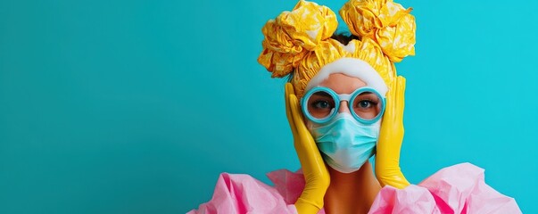 Fototapeta premium A woman in colorful attire, wearing a mask and playful accessories, exudes a blend of creativity and protection against health risks.