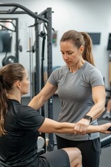 Obraz premium A female fitness trainer assisting a client with rehabilitation exercises. She’s ensuring proper form and provid