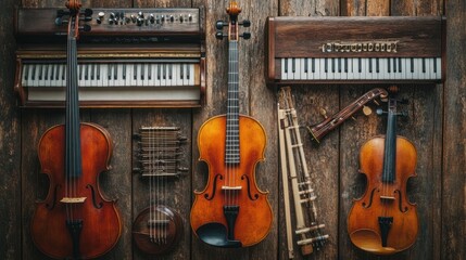 Naklejka premium An array of different musical instruments, including a guitar, violin, and piano, displayed on a rustic wooden table, -