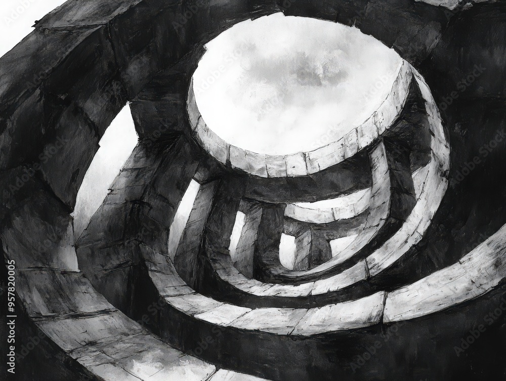 Poster artistic view of a spiral architecture showcasing unique shapes and textures against a cloudy sky.