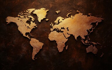 Artistic depiction of a world map in bronze on a textured dark background, symbolizing exploration and global connection.