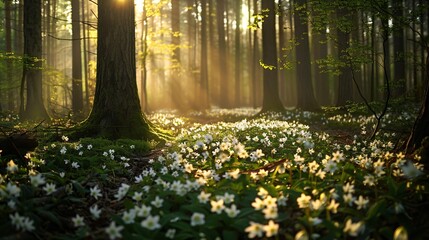 Obraz premium 07240954 179. A picturesque forest floor adorned with clusters of white flowers, basking in the warm light of a spring morning, with the vibrant colors and new growth symbolizing the transition from