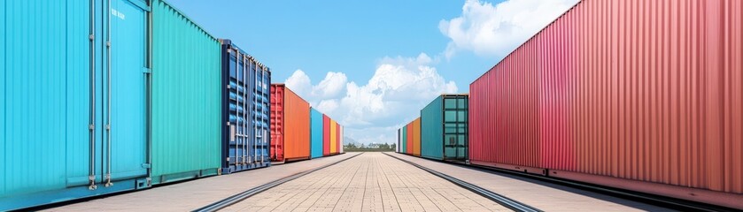 Colorful shipping containers aligned along a dock under a bright blue sky, showcasing a vibrant storage and logistics environment.