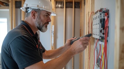An electrical system inspection in a newly built home, featuring an inspector using tools to test circuit breakers, outlets, and wiring for safety and compliance