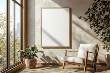 Poster Frame in Beige minimalist living room interior created with generative AI