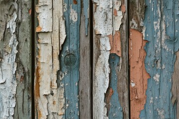 Texture of weathered wood with peeling paint in a forest