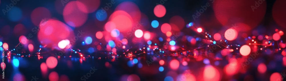 Poster vibrant bokeh lights in red and blue hues create a mesmerizing visual effect, perfect for background