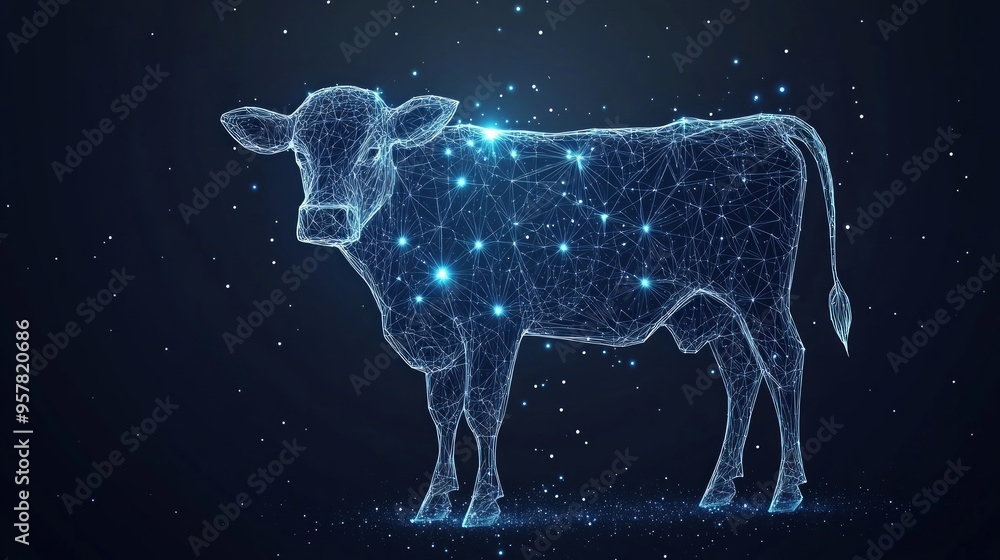Sticker abstract image of a cow in the form of a starry sky or space, consisting of points, lines, and shape