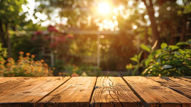 07240954 193. A smooth wooden table in the foreground, with a blurred background of a sunlit garden, capturing the essence of a tranquil and relaxed environment