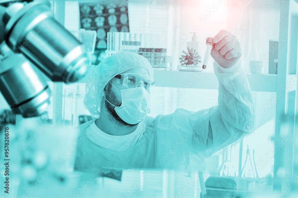 Poster double exposure of microscope and scientist using equipment .