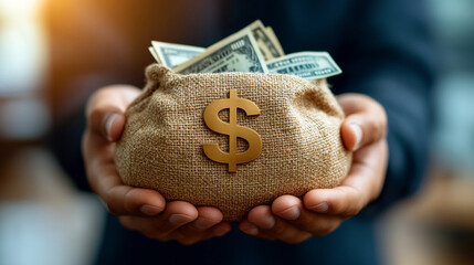 businessman’s hands firmly clutch a money bag with dollar signs, symbolizing financial success, wealth, and economic power in a professional setting