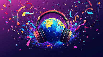 stylized globe with headphones wrapped around it, surrounded by confetti and streamers